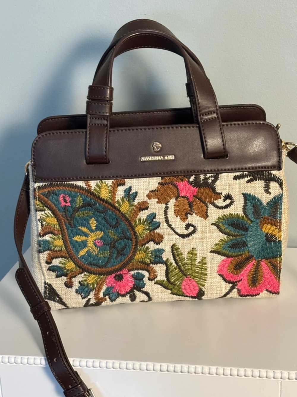 Spartina 449 Brown Leather Floral Embroidered Satchel NWOT
